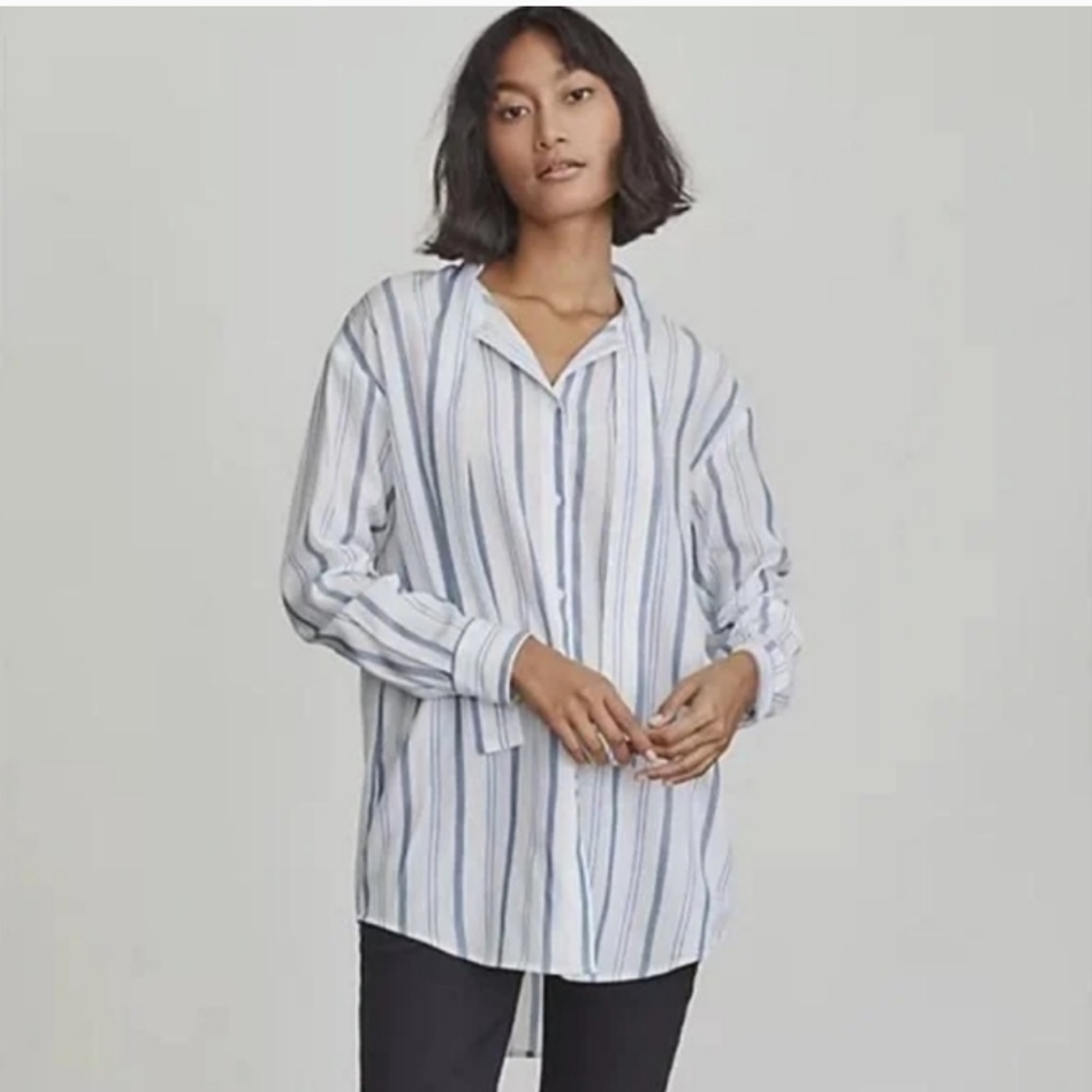 Elizabeth & James Blue White Striped Neck Bow Button Down Shirt Blouse Small